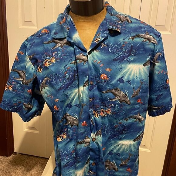 Mens Large Hawaiian Fish Blue Button Down Shirt - Picture 1 of 5